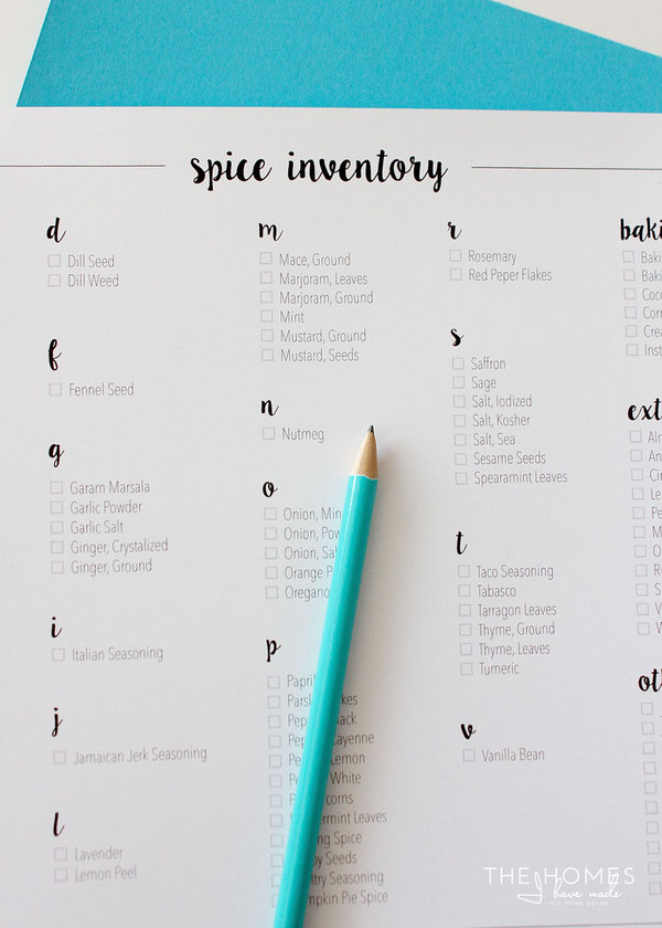 A spice inventory with a pencil