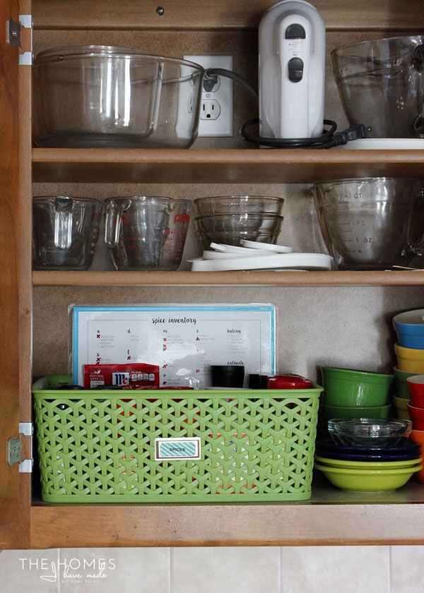 Kitchen cabinet with spices in a basket