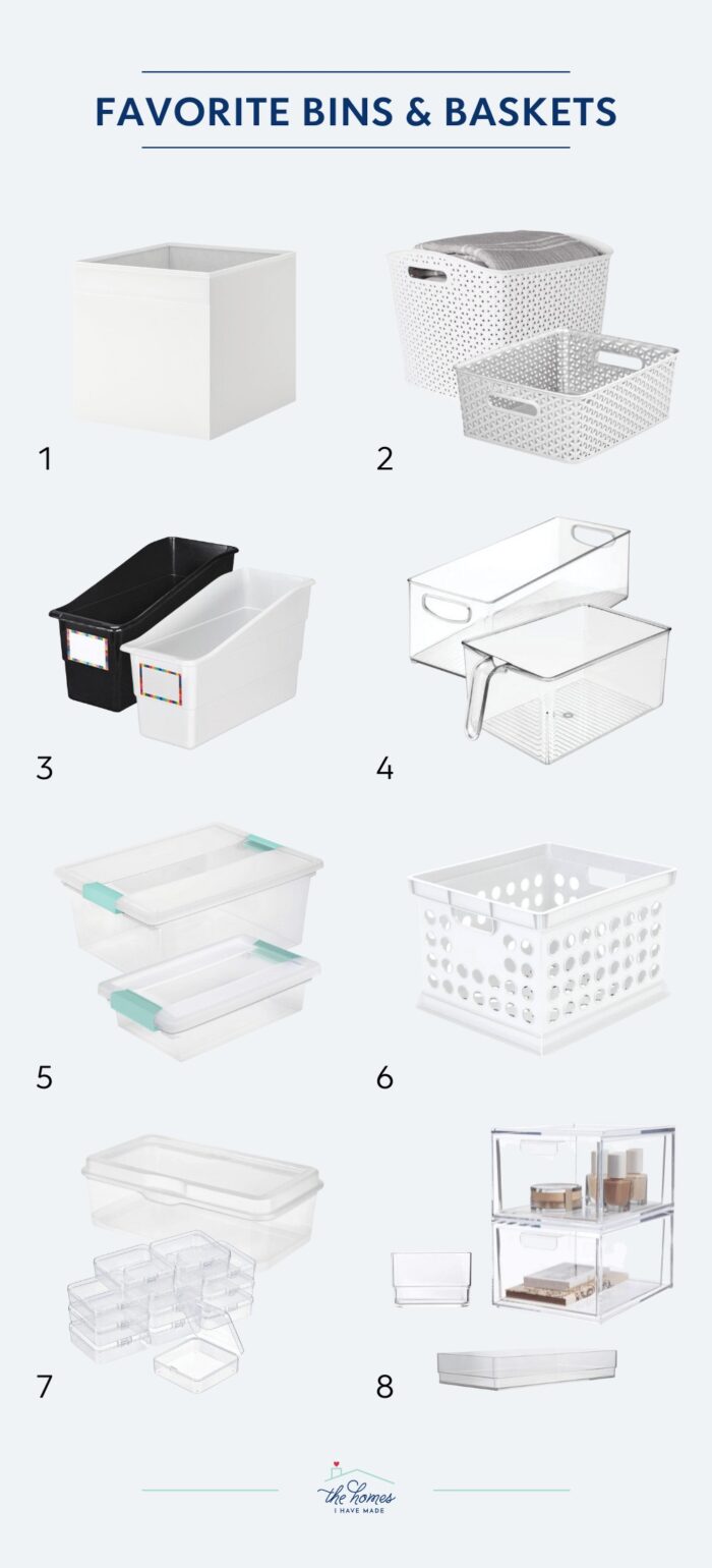 Collage of best bins and baskets for organizing