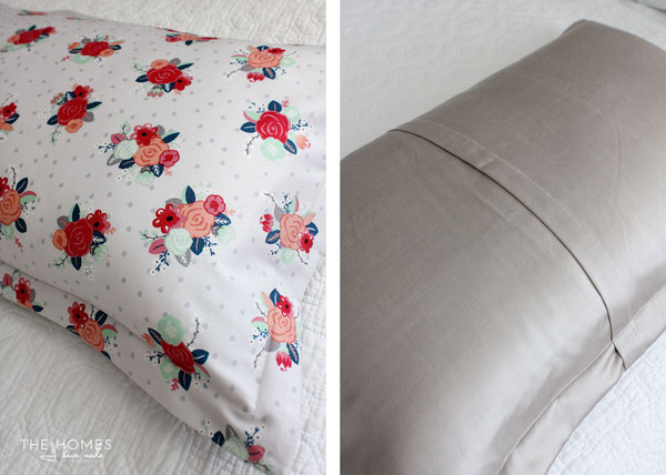 the front of the pillowcase is floral print, the back is gray. 