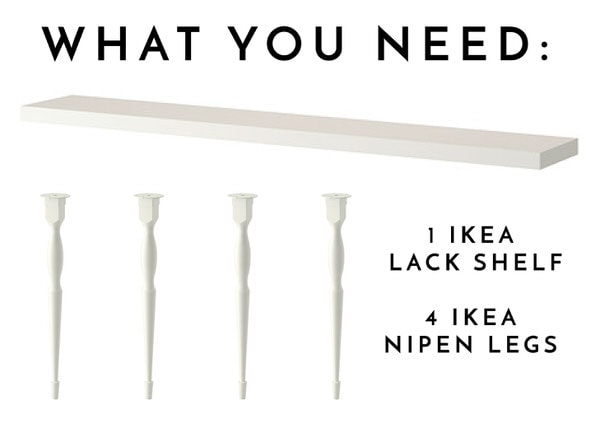 Landscape image of a white shelf and four separate table legs with text overlay