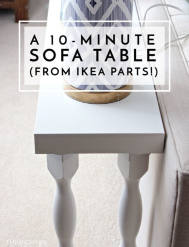 Need a quick and easy sofa table without the hassle of tools and lumber? This one comes together in just 10 minutes using off-the-shelf items from IKEA!