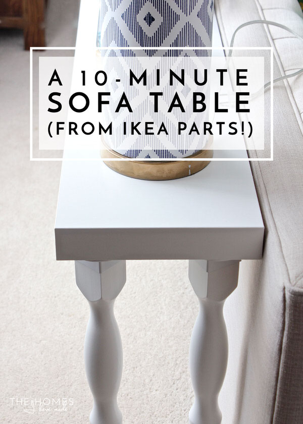 Need a quick and easy sofa table without the hassle of tools and lumber? This one comes together in just 10 minutes using off-the-shelf items from IKEA!