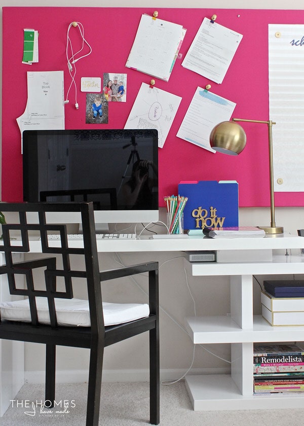 Check out this modern home office and craft space full of smart storage solutions, a hardworking layout, and vibrant design details!