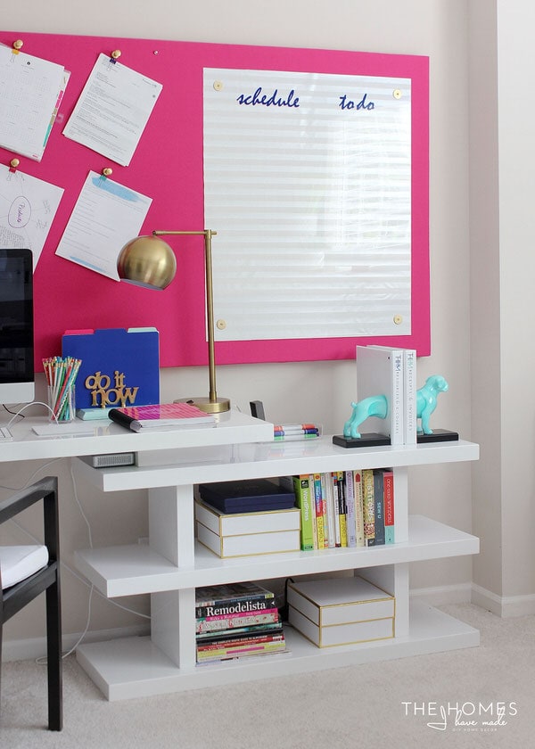 Check out this modern home office and craft space full of smart storage solutions, a hardworking layout, and vibrant design details!