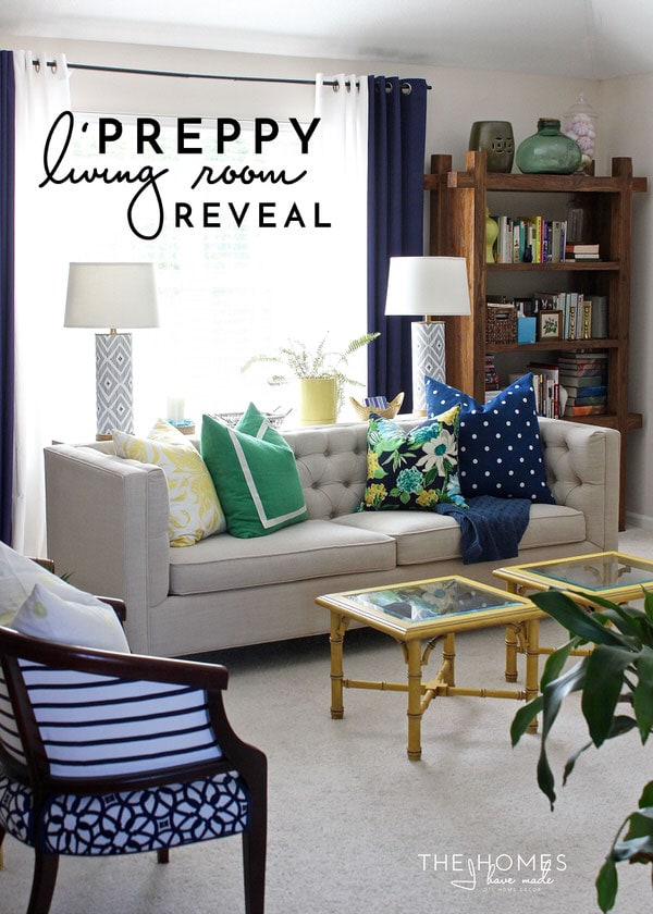 Neutral furniture and colorful accessories transform this boring rental living room into a preppy and playful family space!