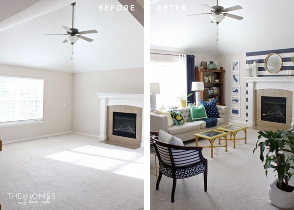Neutral furniture and colorful accessories transform this boring rental living room into a preppy and playful family space!