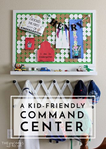 A bulletin board, picture ledge, and set of hooks come together to make the perfect drop zone for any kid space!