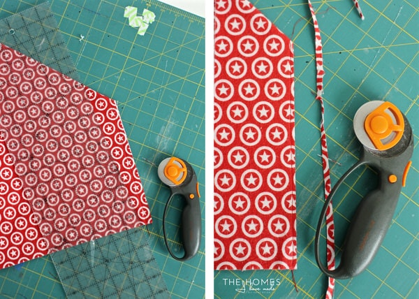 rotary cutter, ruler, and fabric on a self healing cutting mat