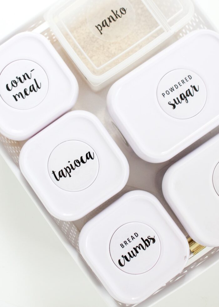 Labels on tops of pantry containers when organizing kitchen drawers