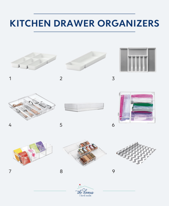Collage of great drawer organizers to use when organizing kitchen drawers