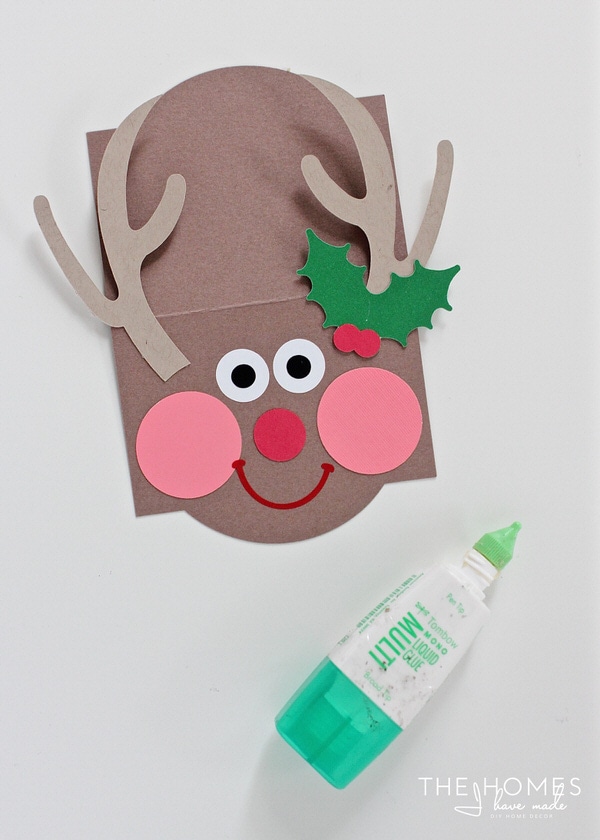 Reindeer treat bag topper shown with glue