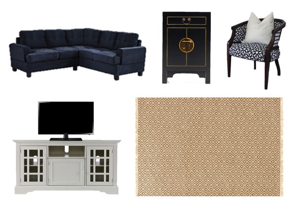 collage of a couch, tables, a chair and a rug
