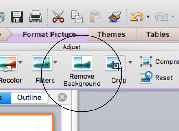 A screen view of Microsoft PowerPoint with the remove background tool circled 