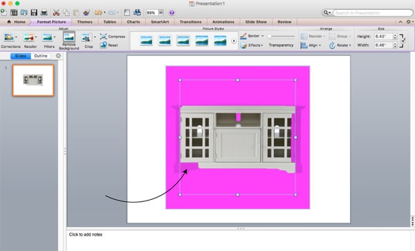 A screen view of Microsoft Powerpoint with a pink box shown around an image of a piece of furniture