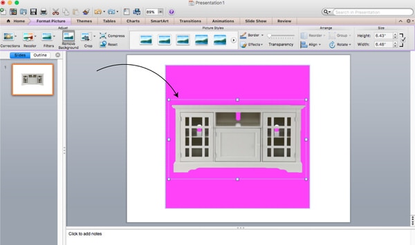 A screen view of Microsoft Powerpoint with a pink box shown around an image of a piece of furniture