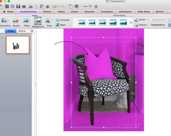 An arrow shows how to move a bounding box to fully surround an image in Microsoft Powerpoint