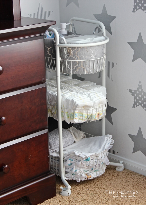 If you are struggling to carve our more functional storage in your baby's nursery, check out this super smart Diaper Cart solution!