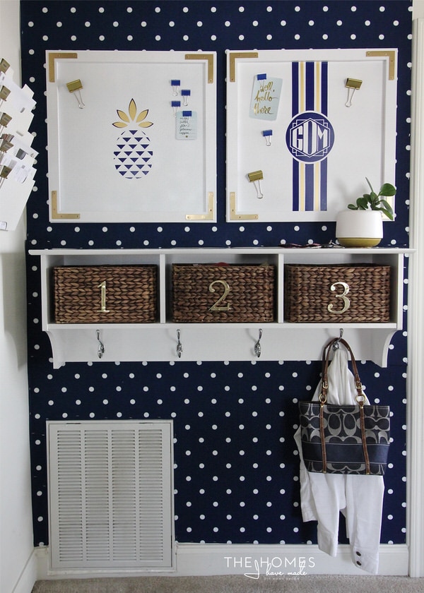 An entryway fabric feature wall