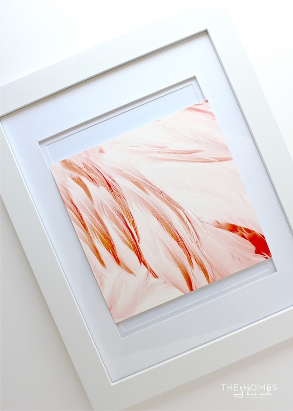 white picture frame next to an art print of a flamingo wing