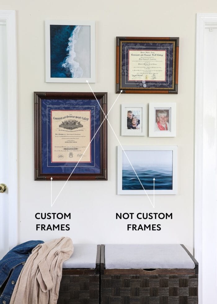 Wall of frames showing custom and non-custom options