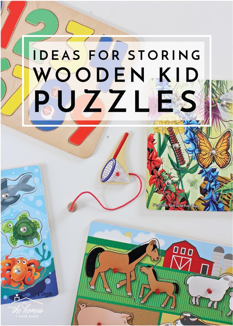 Vertical image of a variety of wooden kid puzzles with text overlay