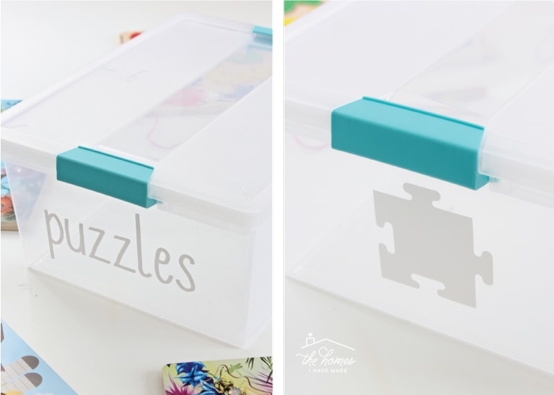 Two vertical images of clear boxes with the word "puzzles" and a puzzle piece labeled on the outside of the box