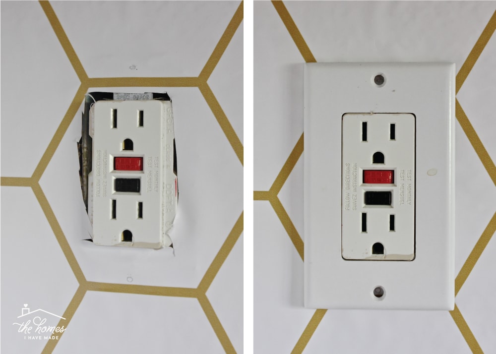 Side by side shot of outlets surrounded by wallpaper