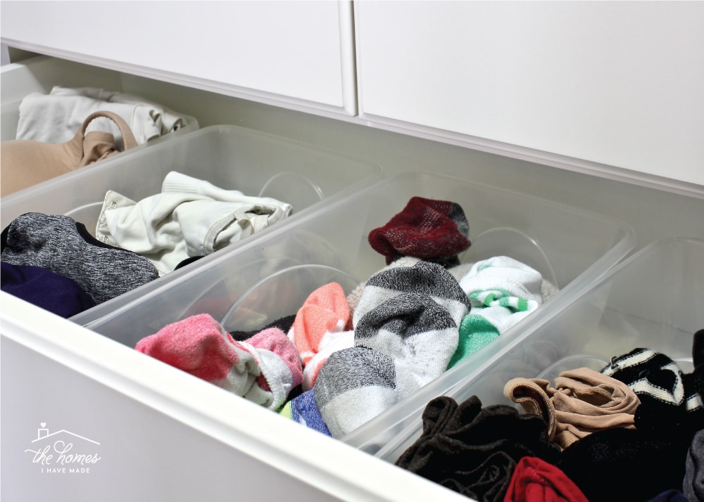 Organizing drawers with plastic shoe boxes