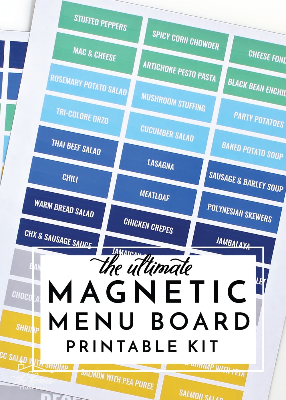 Vertical image of printable magnetic menu board labels in greens and blues with text overlay.