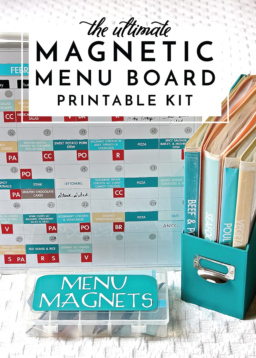 Save time and stress by planning out your monthly meal plan with The Ultimate Magnetic Menu Board Printable Kit - it includes everything you need to plan your meal and organize your recipes!