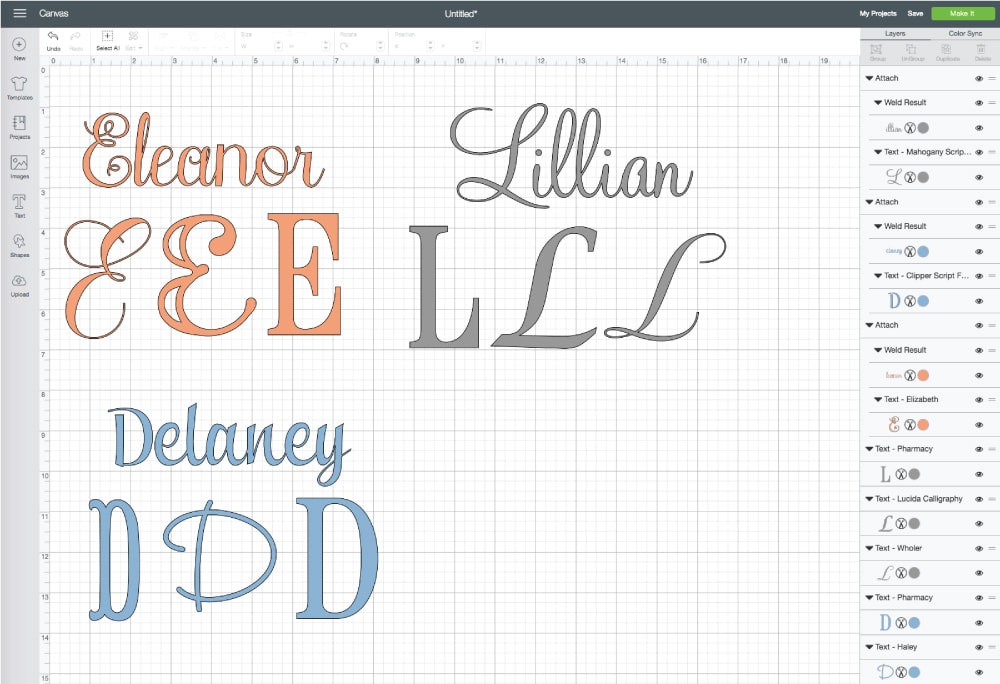 Screenshot of Cricut design space with Names and initials typed out