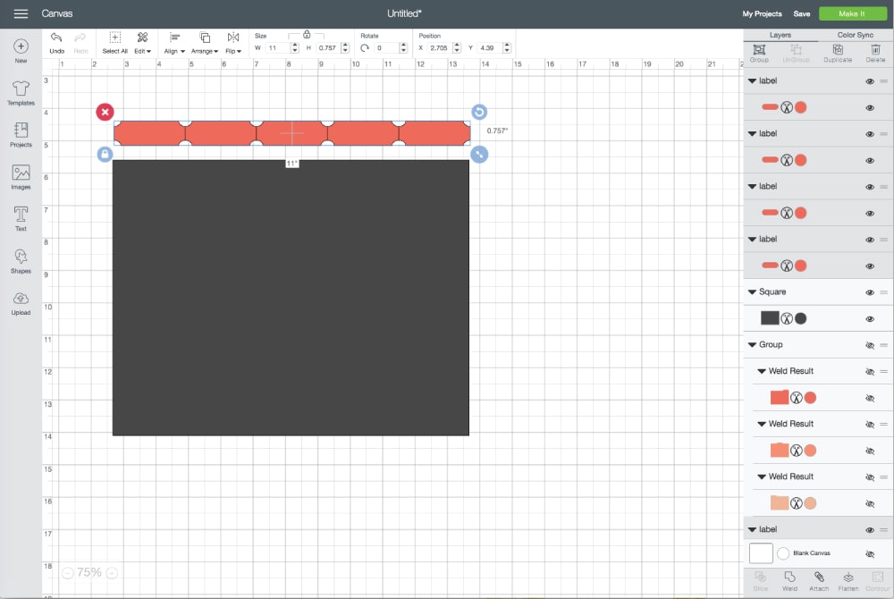 Cricut Design Space Screenshot for making DIY Binder Dividers