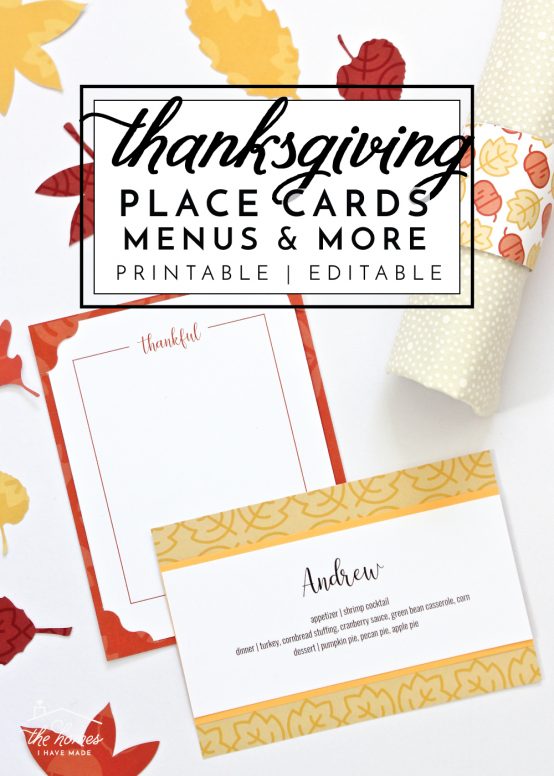 Get your Thanksgiving table ready in a snap with this printable kit full of printable Thanksgiving place cards, menu cards, thankful cards, patterns and more!