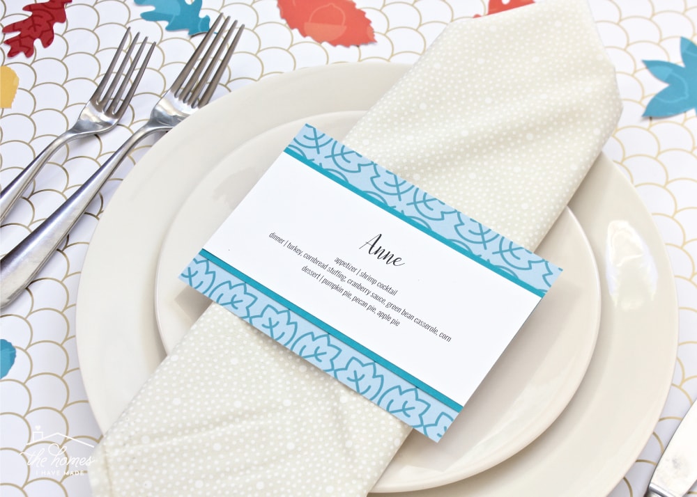 Menu-style Thanksgiving Place Cards shown in blue.