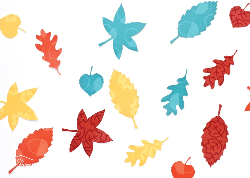 A variety of Fall leaves cut from patterned scrap book paper.