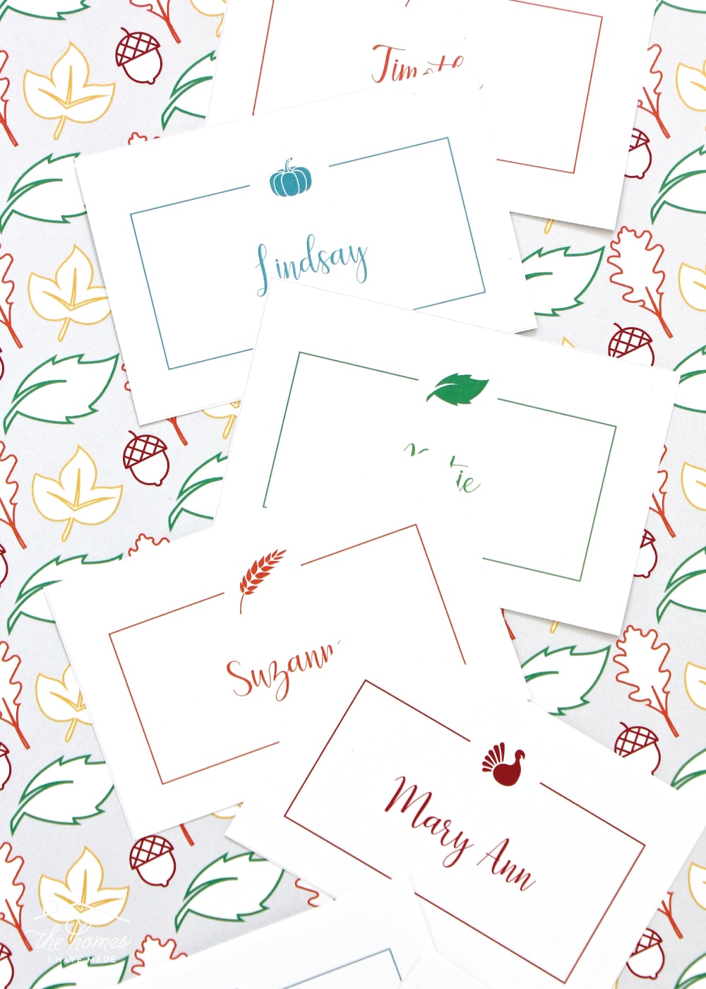 Red, green, blue, and orange Thanksgiving Place Cards