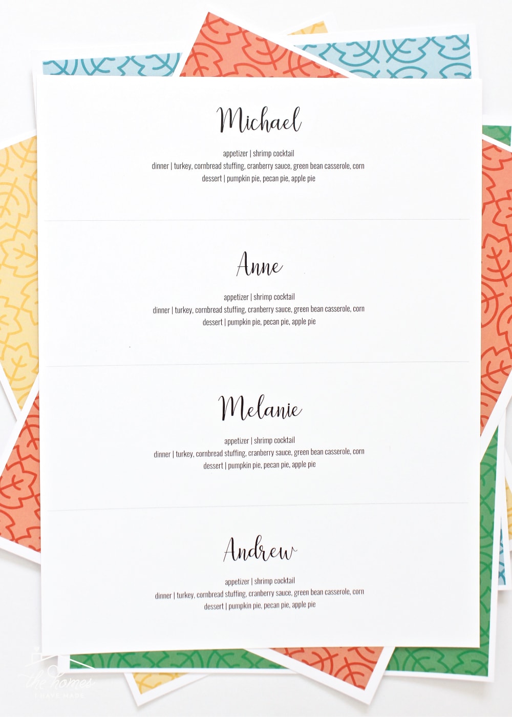 Menu-style Thanksgiving place cards (un-cut) shown with patterned papers