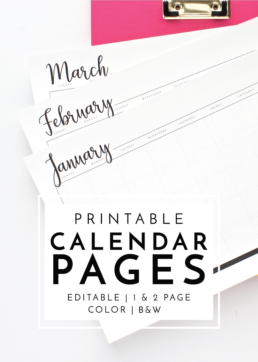 Black and white printable blank monthly calendar pages