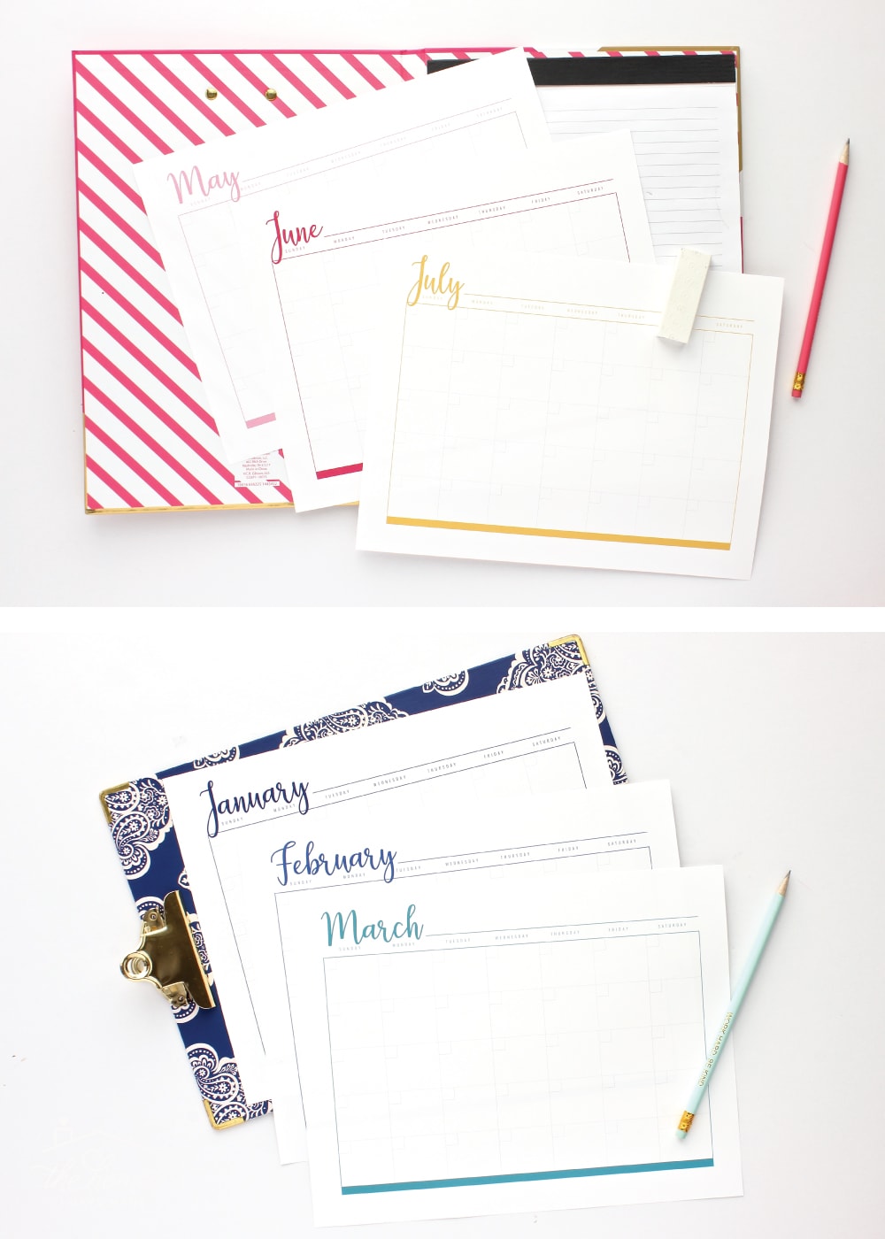 Colorful printable blank monthly calendar pages