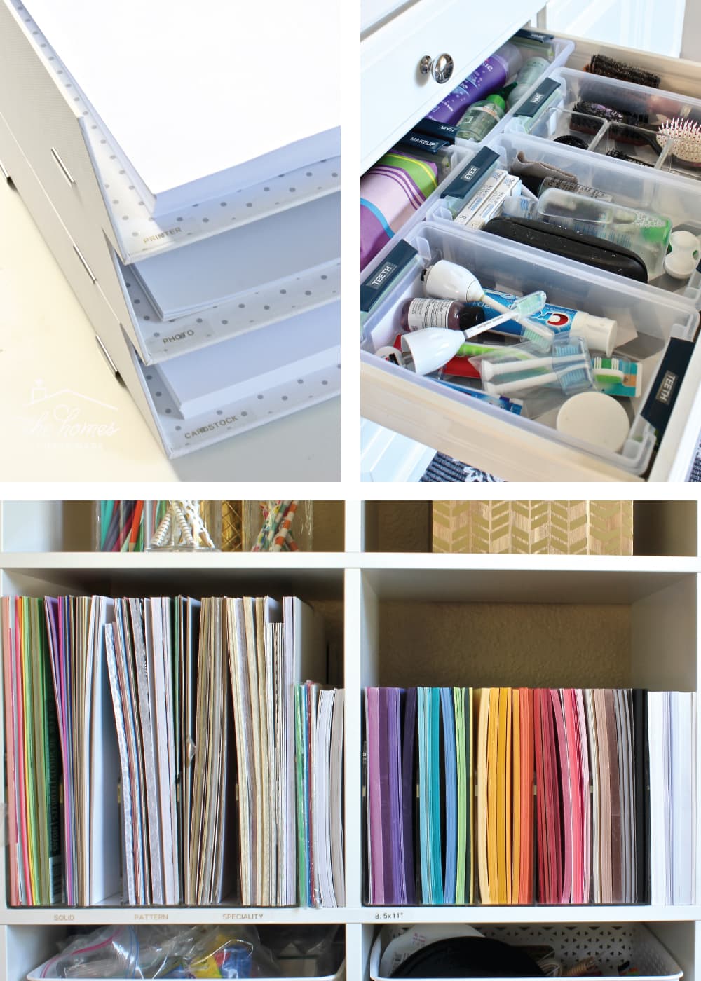 Paper organizers and bins labeled with label-maker labels 