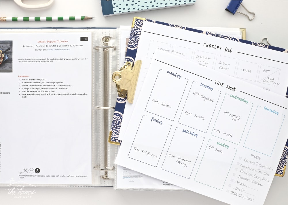 A Recipe Binder shown alongside printable meal planners and grocery lists