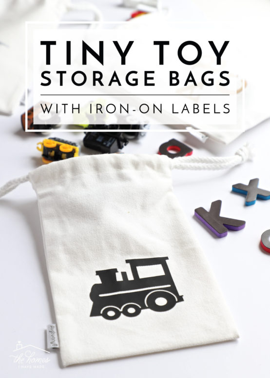 Organize all the little toys around your house with these tiny toy storage bags featuring iron-on labels made with a Cricut Maker and EasyPress!