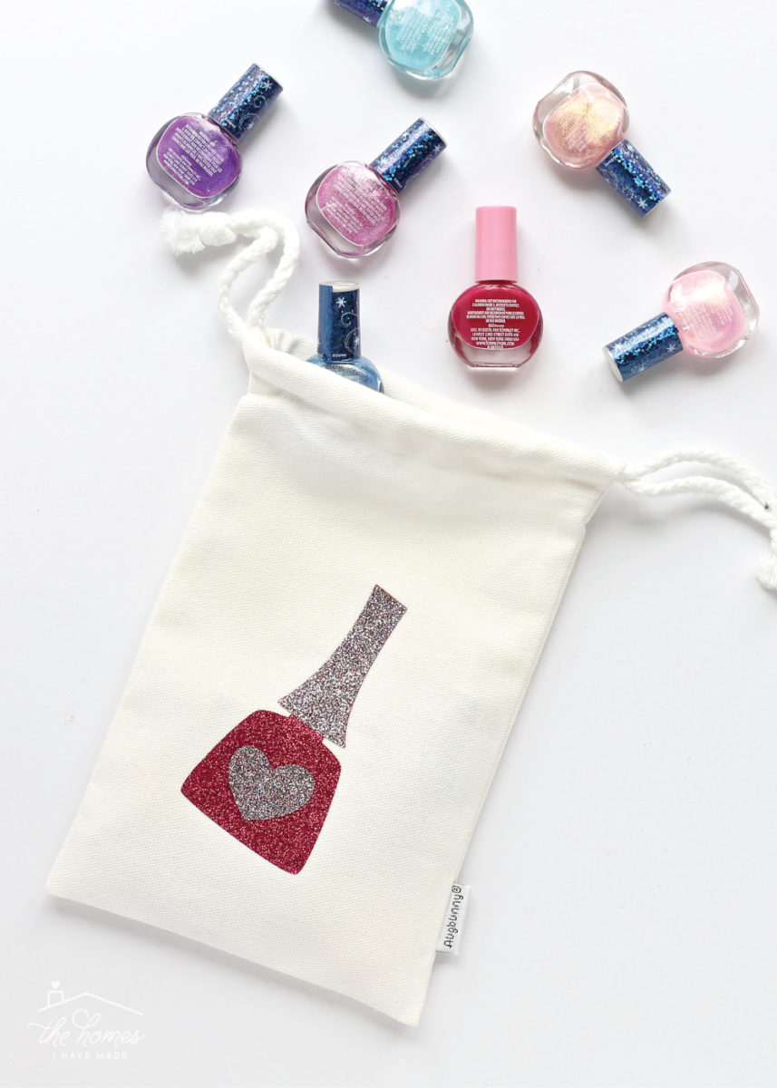 A small nail polish bag labeled with glitter iron-on vinyl.