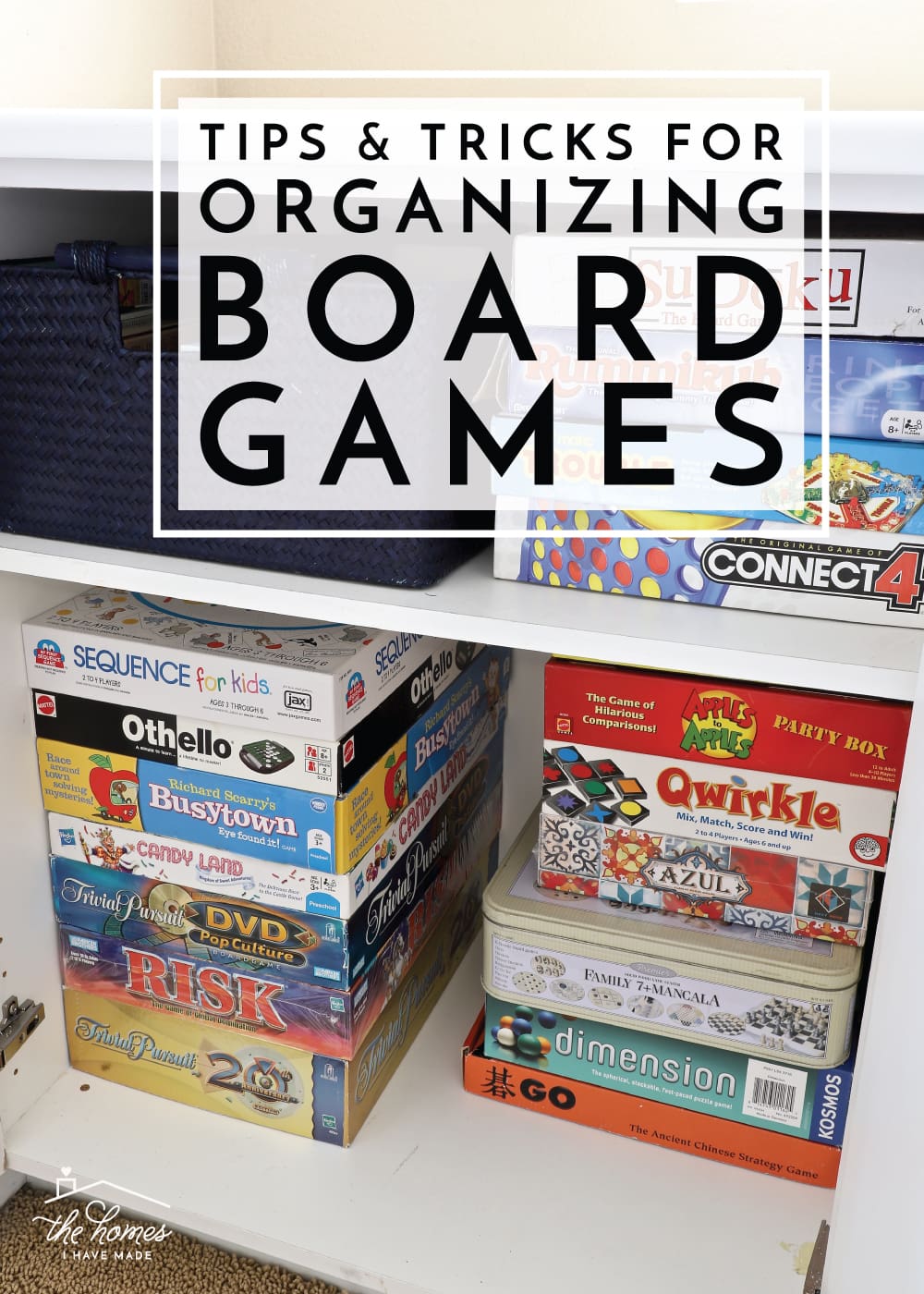 Vertical image of board games stacked inside a cabinet with text overlay 