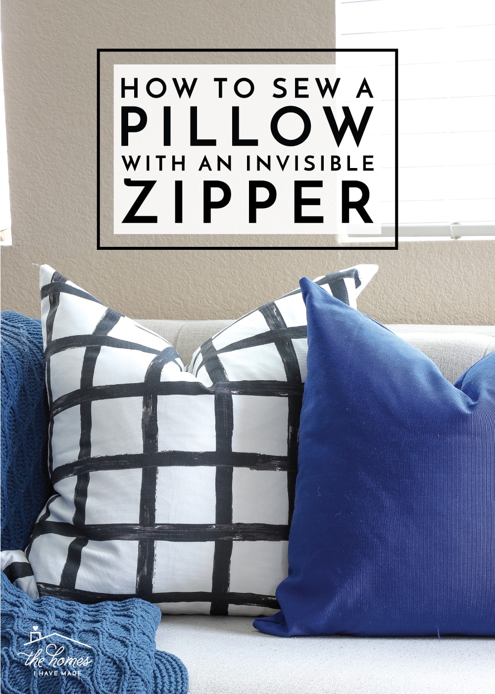 Vertical image of decorative pillows in black, white, and blue with text overlay