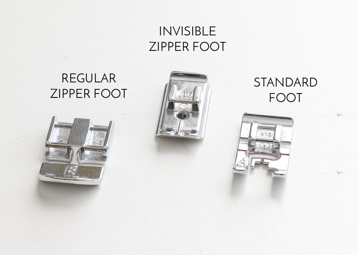 close up image of 3 different types of zipper feet: regular zipper, standard and invisible zipper foot