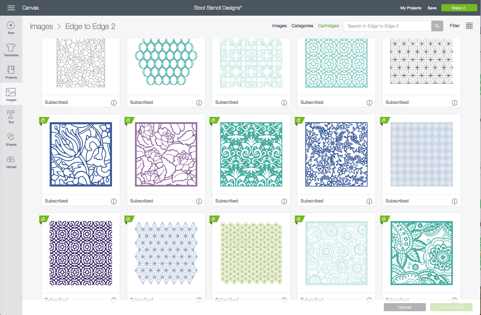 Screenshot of stencil designs inside Cricut Design Space Image Library