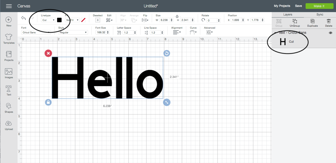 screenshot of the cricut design studio interface. The word hello is written on the design canvas.