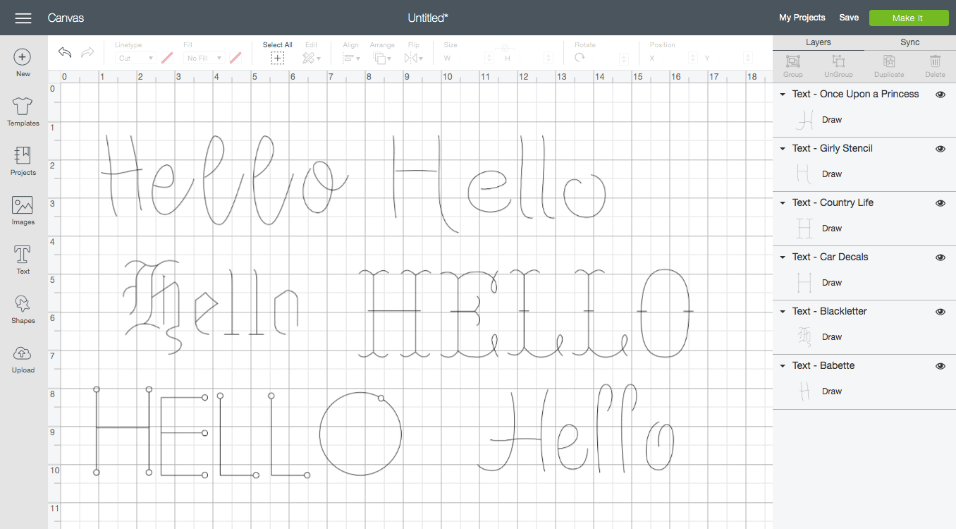 screenshot of the cricut design studio interface with examples of the different types of fonts available within the writing filter.